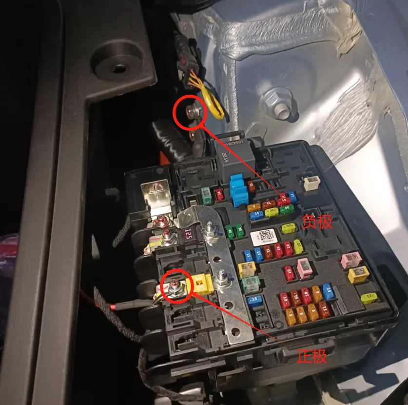 Power connection reference: lower circled point is positive (+), 正极, for the kit’s red wire; upper circled point is negative/ground (−), 负极, for the kit’s black wire. Both source arrows are red.